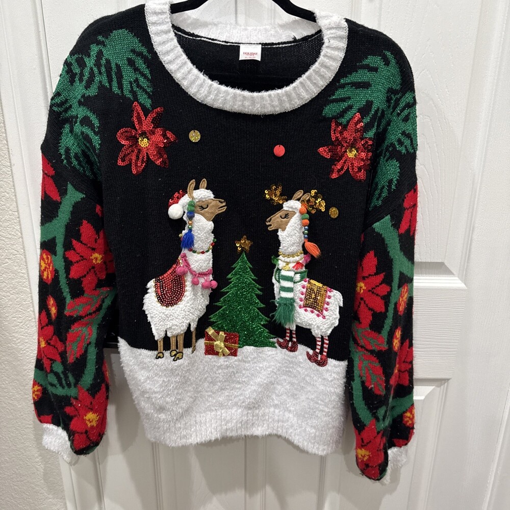 Holiday Time Ugly Christmas Sweater Cute Llamas Tree Poinsettia Women’s XL